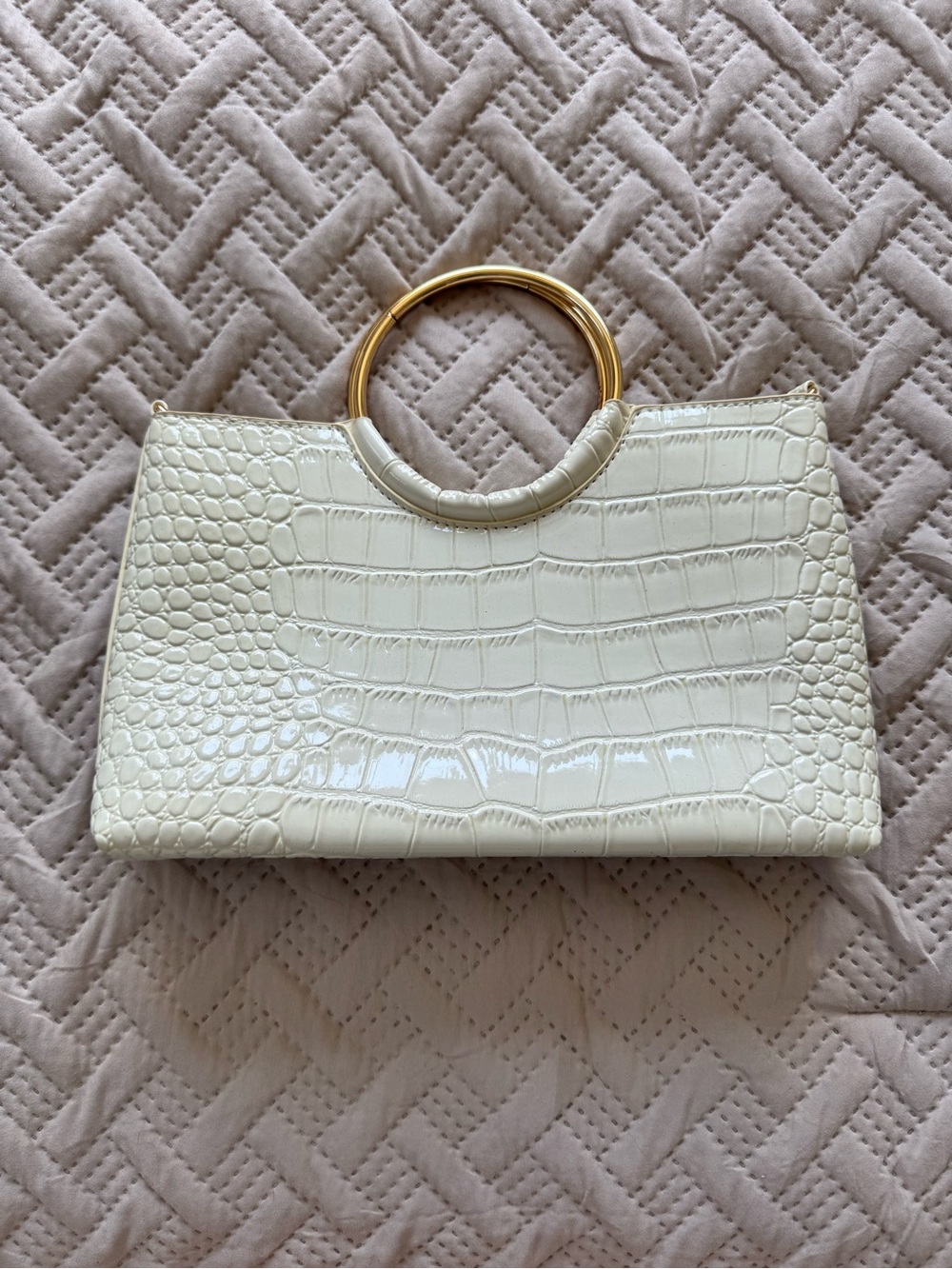 Cream Croc-Embossed Top-Handle Bag